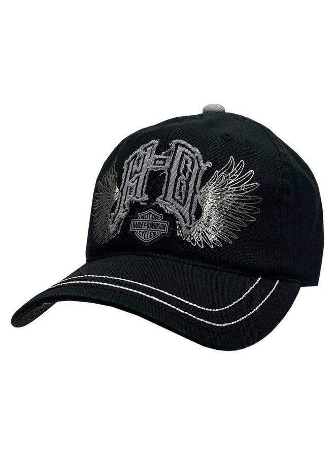 HARLEY DAVIDSON Harley-Davidson Women's Spiked Monogram Frayed H-D Baseball Cap w/Silver Wings - Image 1